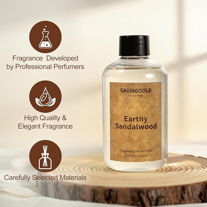 Earthy Sandalwood Scented Reed Diffuser Oil Refill with 10 Sticks, 120 Days Long Lasting for Home, Elegant Fragrance for Bathroom Bedroom Office Decor Air Fresh, 6.7 fl oz / 200 ml