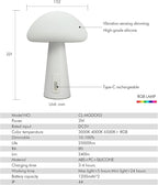 Rechargeable Touch Mushroom Table Lamp – Cordless RGB Lamp for Bedroom, Nightstand, Side Table – 3 Color Temperatures + RGB + Dimming + Type-C Charging