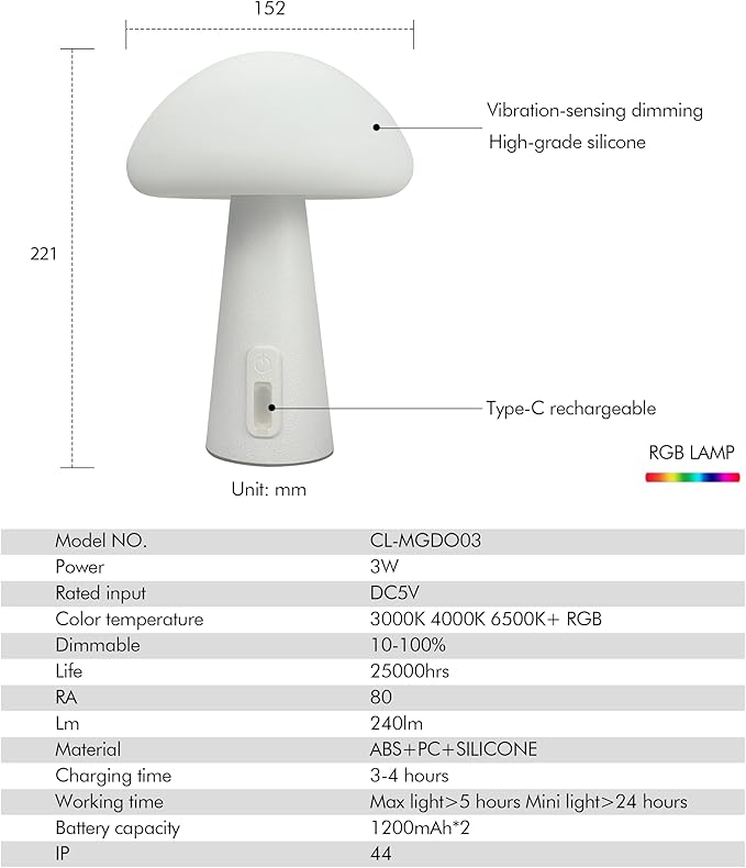 Rechargeable Touch Mushroom Table Lamp – Cordless RGB Lamp for Bedroom, Nightstand, Side Table – 3 Color Temperatures + RGB + Dimming + Type-C Charging
