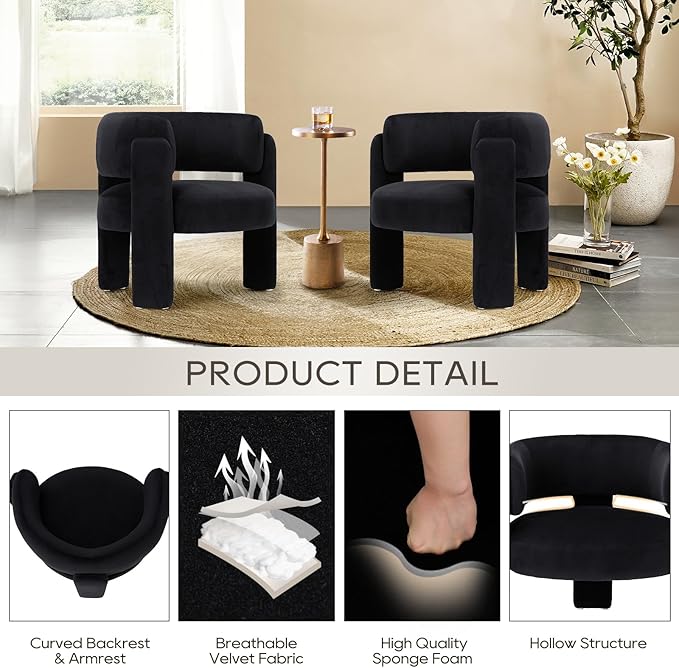 COLAMY Modern Velvet Accent Chair, Upholstered Barrel Chair, Comfy Side Arm Chair with 3 Legs for Living Room, Bedroom, Reading, Black
