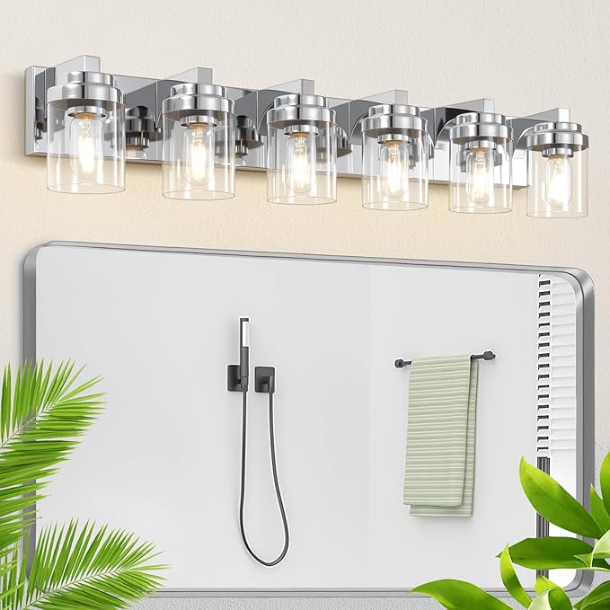 Vanity Light for Bathroom, 38" Farmhouse Bathroom Light Fixtures Over Mirror, 6 Light Vanity Lights with Clear Glass Shade, Modern Wall Lamps for Bedroom, Hallway