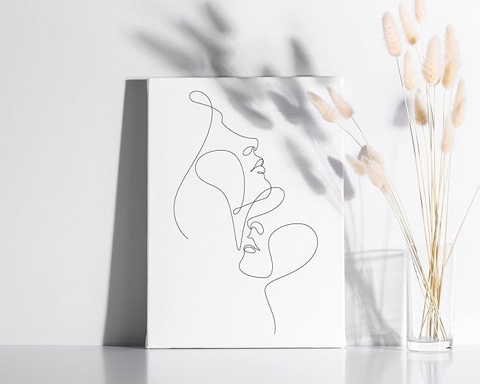 Minimalist Face to Face Wrapped Canvas Wall Art Two Portraits Continuous Line Drawing 12x16 Inch Gallery Stretched Modern Asian Home Art Decor