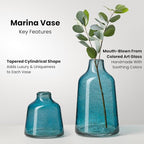 Torre & Tagus 10 Inch Tall Blue Glass Vase with Gold Flakes, Mouth Blown Glass Vase Blue Flower Vase Centerpieces, Watertight for Hydroponic Plants, Coastal Decor Accents (Marina)