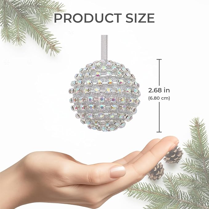 Iridescent Crystal Rhinestone Ball Ornaments, 4 Pack Handcrafted Sparkling Christmas Tree Decorations, Hanging Ornaments for Holiday & Home Décor in Luxury Gift Box