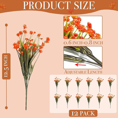 12 Bundles Artificial Flowers for Outdoors Spring Summer Decorations, UV Resistant Fake Mums Realistic Fake Plants Faux Plastic Flowers for Outdoor Indoor Home Gardens Porch Fall Decor(Orange Red)