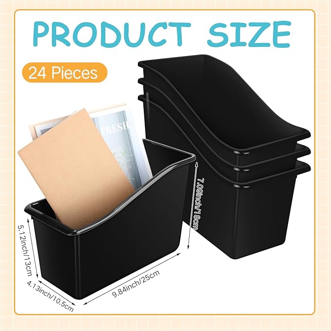 Fuutreo 12 Pieces Book Bins for Classroom Plastic Binder Holder Magazine Stuff Folder File Organizer Box for Home Office School Supplies(24 pcs,Black)