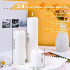 24 Pcs White Pillar Candles Bulk,2x3 2x6 2x8 Inch-8 Each Size,Large Christmas Pillar Candles Set of 3,Unscented Dripless Smokeless Hurricane Candles for Wedding Engagement Party Event Ceremony