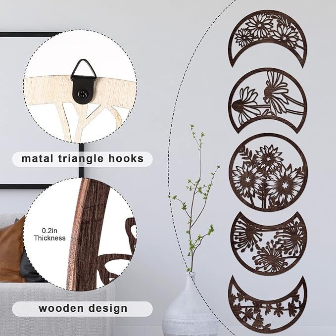 Jetec 5 Pcs Moon Phase Wall Art Decor Wall Pediments Hanging Wooden Phase Spiritual Bedroom Nordic Boho Lunar Aesthetic Art for Living Room Dorm Apartment Ornament(Brown,10.6 Inch,Flower)