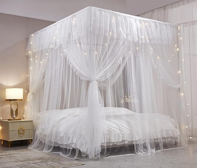 VETHIN 4 Corners Post Ruffle Princess Bed Canopy Curtain-Double Layer Cozy Drape Netting 4 Opening Mosquito Net for Girls Adults Bedroom Decoration (White/White, 59" W*82" L*82"*H/(Queen))