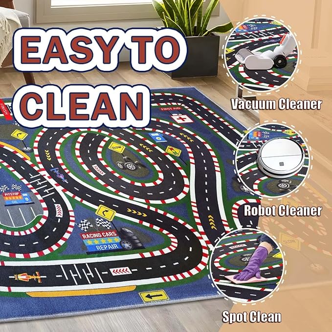 Kids Rug,Children's Room Rug,Road Race Play Rugs, Rail City Living Rugs, Washable Non-Slip Play Mats. (Dark Blue, 47x71in)