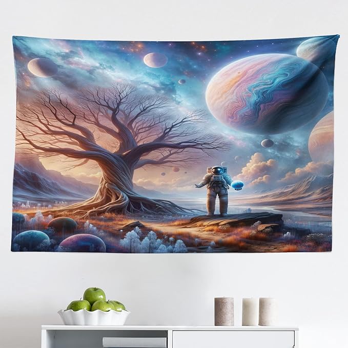 Ambesonne Space Tapestry, Lonely Astronaut in a Surreal Planet Pastel Celestial Forms Dried Tree, Fabric Wall Hanging Decor for Bedroom Living Room Dorm, 45" X 30", Blue Pale Orange Mauve