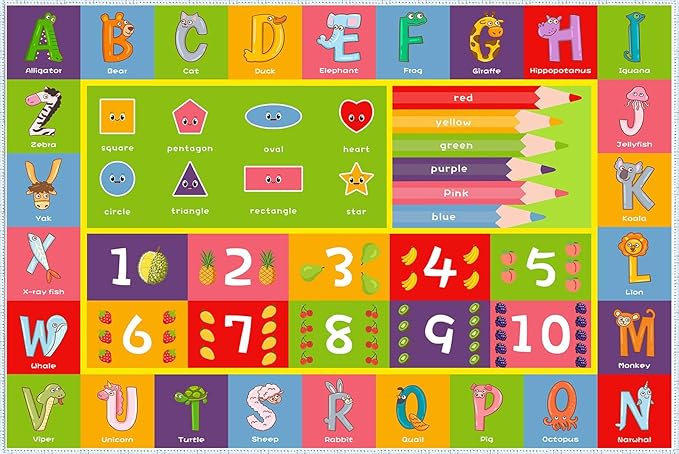 ABC Alphabet Animals Educational Playmat - Interactive Learning Carpet for Toddlers & Infants with Numbers & Shapes, Classroom/Bedroom Play Rug, Machine Washable(Size:100 * 150cm/39" x 59")