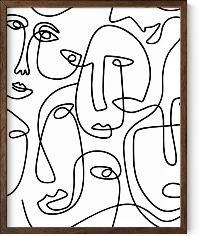 Abstract Face Pattern Wall Art Collage of Modern Faces Continuous Line Drawing 11x14 Inch Oak Wood Walnut Framed Artistic Aesthetic Print for Living Room