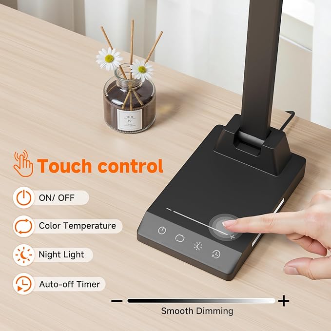 ShineTech LED Desk Lamp for Home Office, Dimmable Desk Light with USB C Charging, 25 Modes Brightness and Colors, Eye Caring Foldable Reading Light, Table Lamp for Study Nightstand