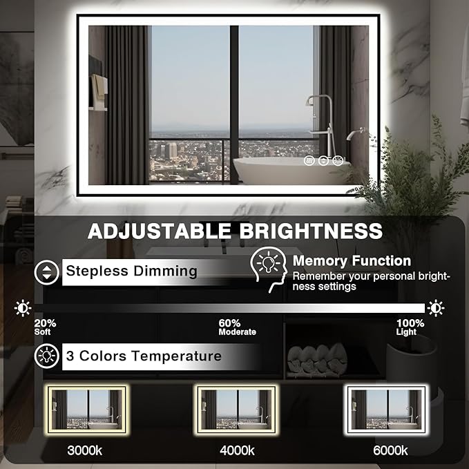 48x30 LED Bathroom Mirror - Black Aluminum Framed (Front and Backlit), Anti-Fog Lighted Vanity Mirror,Stepless 3 Colors Dimmable Lighted Smart Mirror(Horizontal/Vertical)