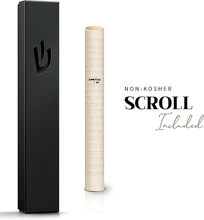 SURI Mezuzah and Scroll – 5 Inch Black Aluminum Mezuzah Case with a Printed Scroll, Open-Back Design for Indoor Use, Self-Stick Adhesive, Fits a 4 Inch Mezuza Scroll, Gift Box Included
