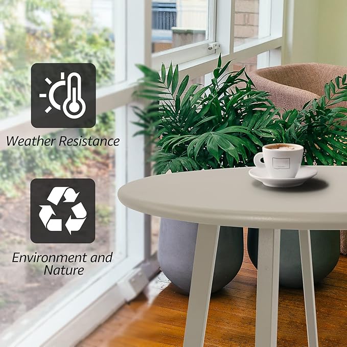 Outdoor Side Table - Weather Resistant Patio Table, Round Metal Steel, Waterproof End Table for Garden, Balcony, Yard, Grey White