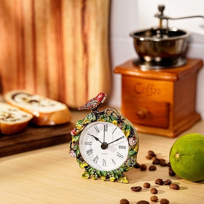 Mini Tabletop Clock, Decorative Vintage Floral Metal Table Clock with Battery Operated for Bedside, Table, Living Room, Home and Office