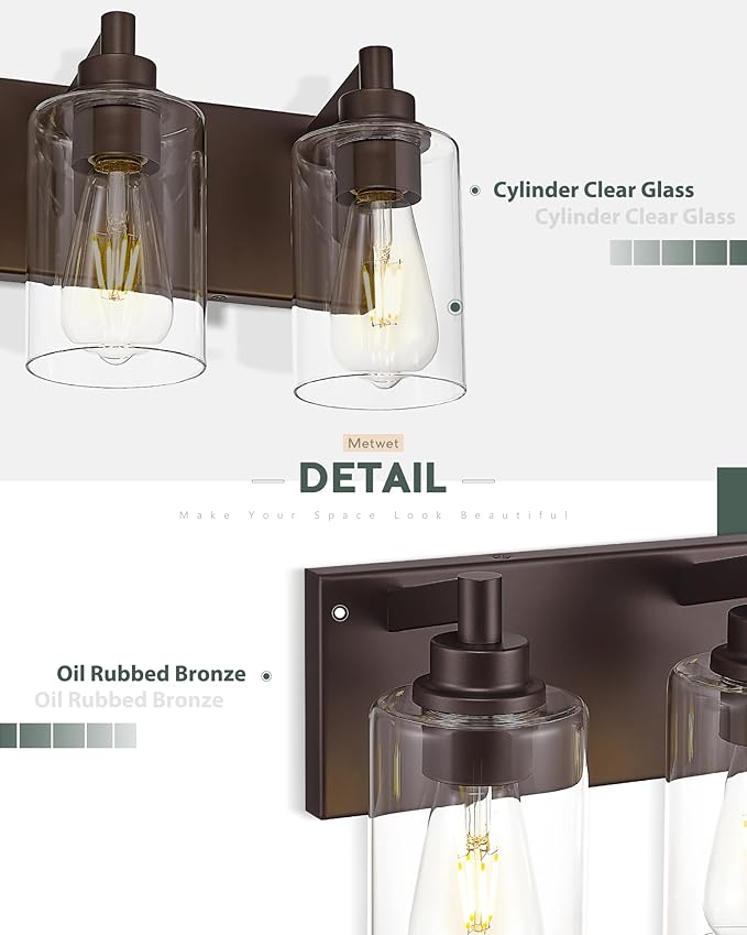 3-Light Bathroom Light Fixtures, Modern Vanity Light with Cylinder Clear Glass Shade, Vanity Lighting Fixtures Over Mirror, Oil Rubbed Bronze, VL143-ORB-3