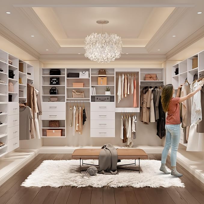 ROOMTEC Modular Closet System, 90" Wall Mounted Modern Closet Organizer with Hanging Rods and Drawers, Wooden Tower for Walk-In Closets, Wardrobe Storage Kit, White