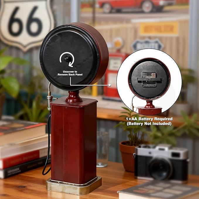 AYRELY® 16" Vintage Industrial Gas Pump Mantel Clock, Battery Operated Metal Clock Route 66 Decor,Retro Mechanical Decorative Clock Gifts for Home,Living Room,Fireplace, Man Cave Decor
