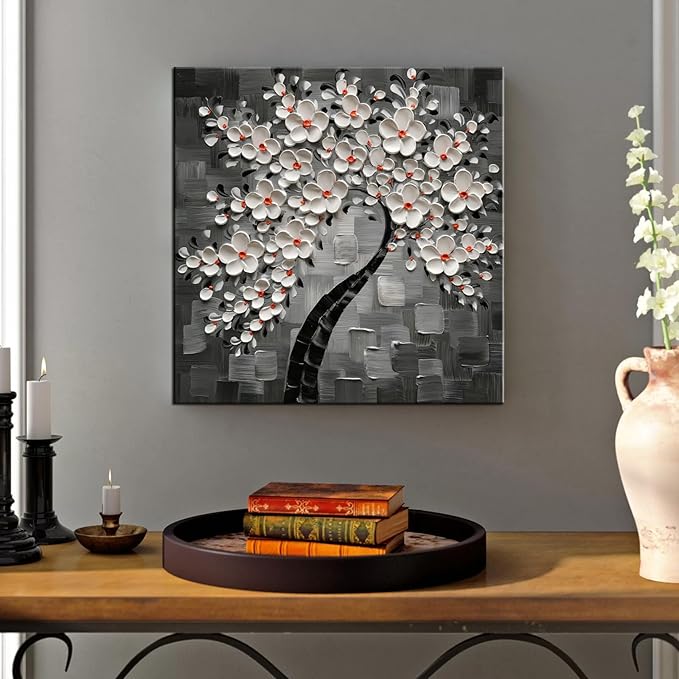 YaSheng Art- 3D White Flowers Oil Paintings on Canvas Thick Texture Black and White Canvas Wall Art HandPainted Abstract Artwork Home Decorations Modern bedroom Dining Room Wall Art Ready to Hang 24x24inch