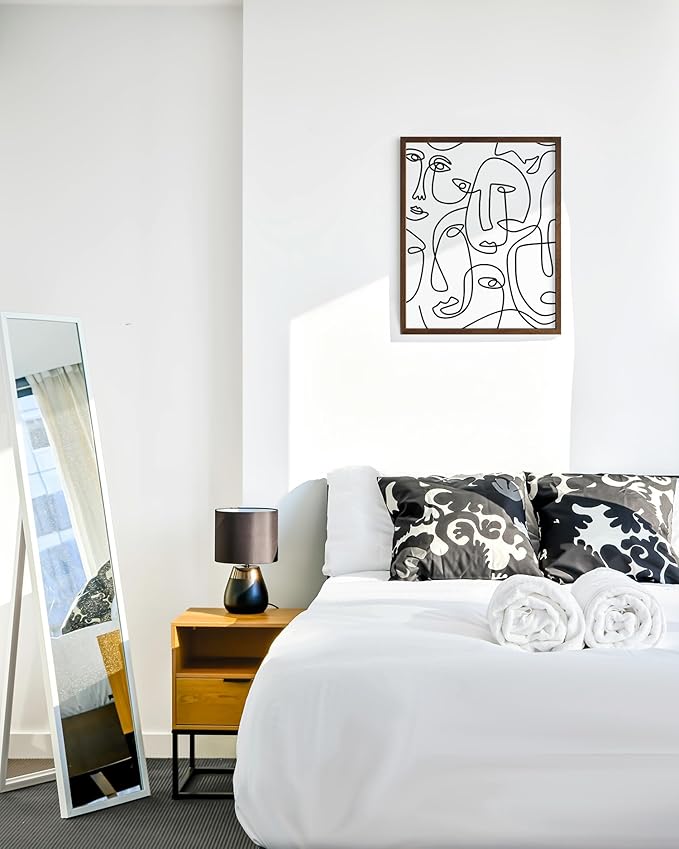 Abstract Face Pattern Wall Art Collage of Modern Faces Continuous Line Drawing 16x20 Inch Oak Wood Walnut Framed Artistic Aesthetic Print for Living Room