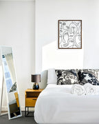 Abstract Face Pattern Wall Art Collage of Modern Faces Continuous Line Drawing 16x20 Inch Oak Wood Walnut Framed Artistic Aesthetic Print for Living Room