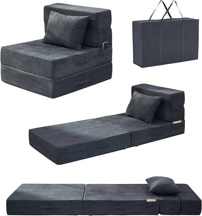 Folding Sofa Bed, 4 in 1 Convertible Sleeper Chair with Pillow, Single Memory Foam Fold Out Chair Bed, Modern Floor Futon Sofa Couch Mattress for Living Room/Guest/Apartment, Dark Grey