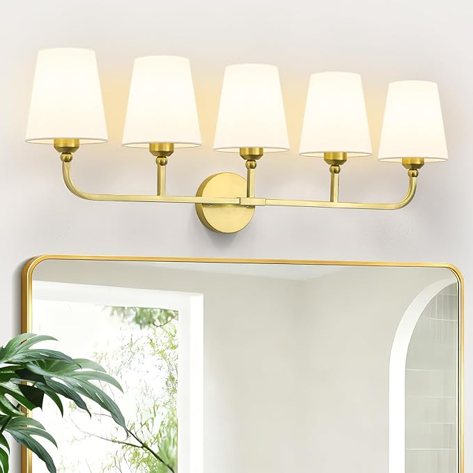 Kvhilw Bathroom Vanity Light, Brushed Gold Bathroom Light Fixtures, 5-Light Lighting Fixtures Over Miror, Modern Wall Sconce with Flared White Fabric Shade, E26 Socket(ETL Listed)