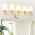 Kvhilw Bathroom Vanity Light, Brushed Gold Bathroom Light Fixtures, 5-Light Lighting Fixtures Over Miror, Modern Wall Sconce with Flared White Fabric Shade, E26 Socket(ETL Listed)