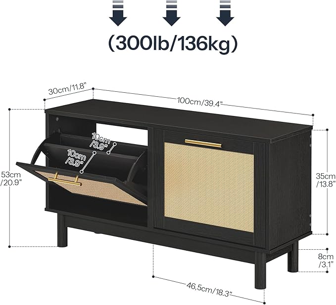HOOBRO Shoe Storage Bench Entryway, Rattan-Like Shoe Bench with Flip Drawers, Narrow Shoes Rack Cabinet with Rattan Doors, Wooden Organizer for Entryway Hallway, Black BN51HX01