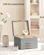 SONGMICS GISELLA Collection - Jewelry Box Organizer, 4-Layer Jewelry Storage with 3 Drawers, Shiny Metal Hardware, Glass Lid, Modern, 8 x 9.1 x 6.5 Inches, Dove Gray and Gold Color UJBC173G01