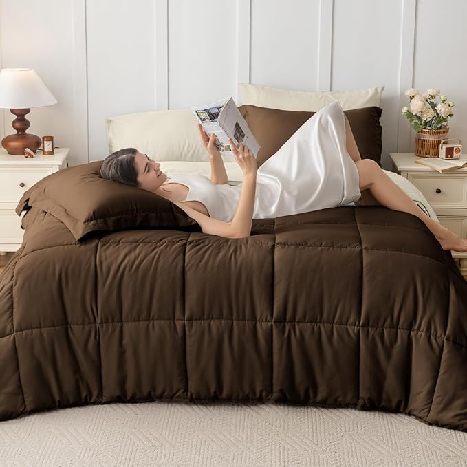 JOLLYVOGUE California King Comforter Set, Ultra-Soft Bed in a Bag Cal King Size 7 Pieces, Oeko-TEX Certified Bedding Set with Down Alternative Comforter, Sheets, Pillowcases & Shams, Brown & Beige