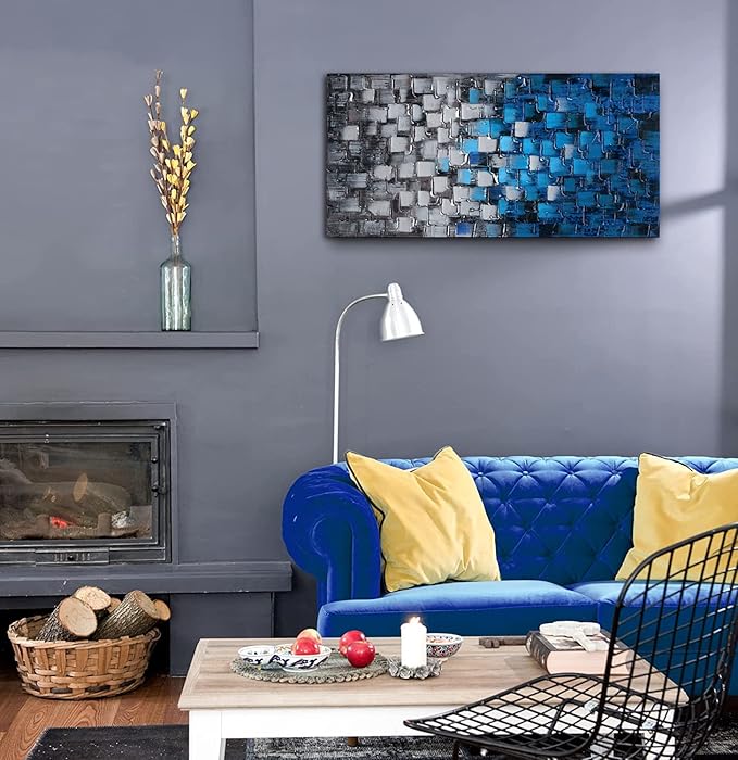 MyArton Large Abstract Dark Blue and Silver Painting Pictures Modern 3D Textured Squares Wall Art on Canvas for Home and Office Decoration Framed Ready to Hang 60x30inch