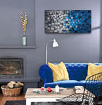 MyArton Textured Abstract Squares Canvas Wall Art Modern Dark Blue and Silver Oil Painting 100% Hand Painted 3D Effect Artwork Frame Ready to hang Decor for home and office 48x24inch
