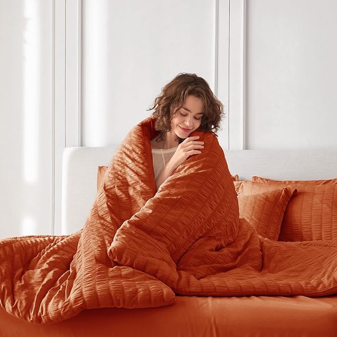 MUXHOMO 7 Pieces Queen Comforter Set, Seersucker Bed in a Bag Queen Size, All Season Luxury Bedding Set with Comforter, Flat Sheet, Fitted Sheet, Pillowcases & Shams, Burnt Orange