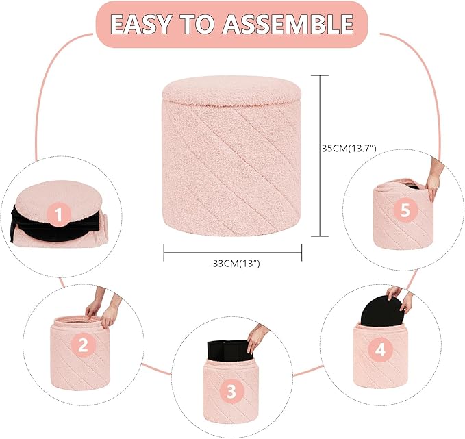13" Foldable Boucle Round Storage Ottoman,Space-Saving Footrest/Seating/Coffee Table for Small Apartments,Dorms & Bedrooms-Pink