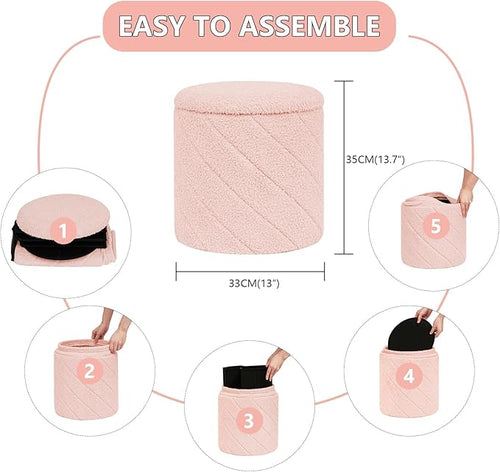 13" Foldable Boucle Round Storage Ottoman,Space-Saving Footrest/Seating/Coffee Table for Small Apartments,Dorms & Bedrooms-Pink