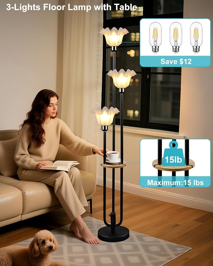 Flower Floor Lamp for Living Room, Dimmable Vintage Floor Lamp with Shelf &3 LED Bulbs, 3 Light 3000K Soft Warmwhite Mid Century Black Standing Lamp, Floral Tall Lamp for Bedroom Office