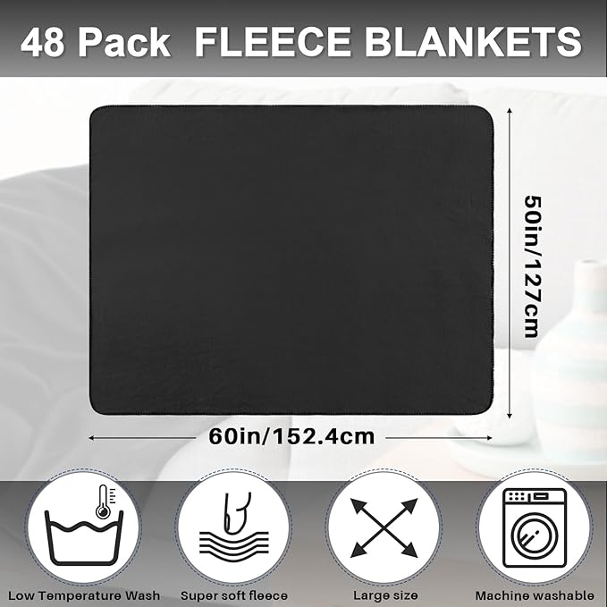 Newwiee 48 Pcs Fleece Throw Blankets Bulk 50'' x 60'' Oeko-tex Standard 100 Certified Spring Outdoor Wedding Guest Blankets Lightweight for Sleepover Donation Lap Pet Sofa Home (Black)