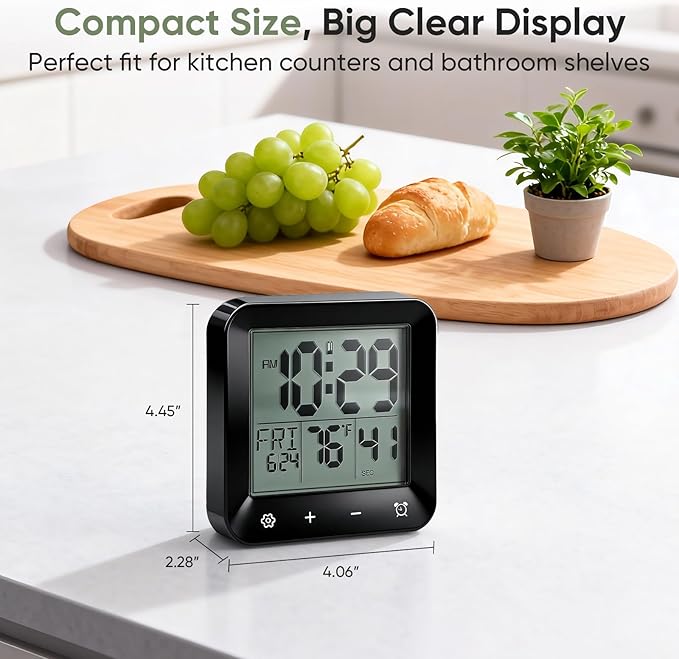 Digital Waterproof Shower Clock, Bathroom Kitchen Clock with Countdown Timer, Wall Clock with Large LCD Display, Temperature, Touch Button, Suction, Hanging Hole, Battery Operated I Black
