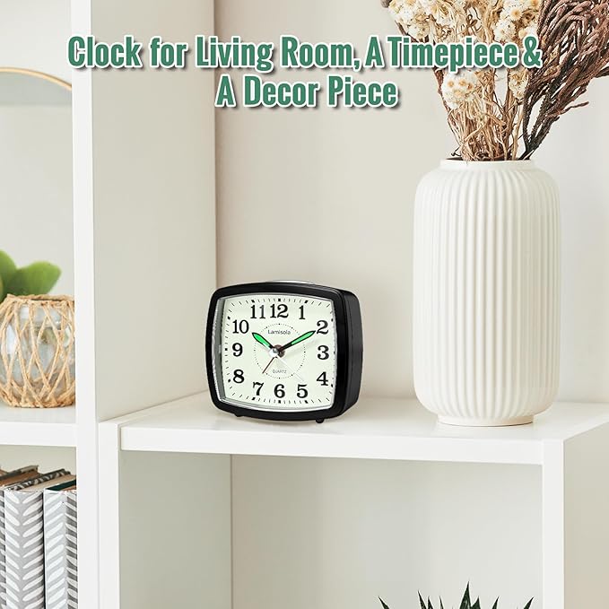 Small Battery Alarm Clock for Bedrooms, Analog Travel Clocks, Bedside Desk Table Clock for Room Decor, Slient, Big Numbers for Seniors, Gently Ascending Alarm for Heavy Sleepers, Black