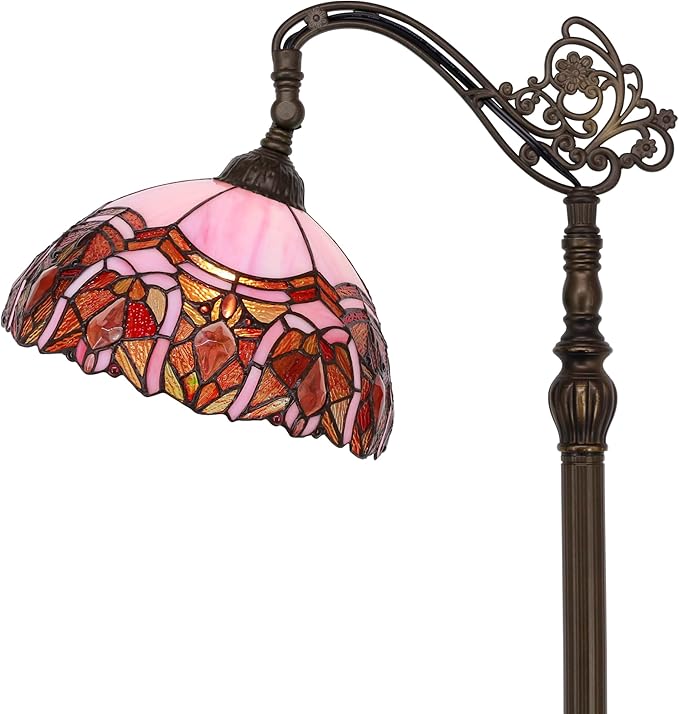 Tiffany Floor Lamp Stained Glass Lamp 18.88X12X67 Inch Angle Adjustable Arched Gooseneck Antique Reading Light (Pink Jewelry)
