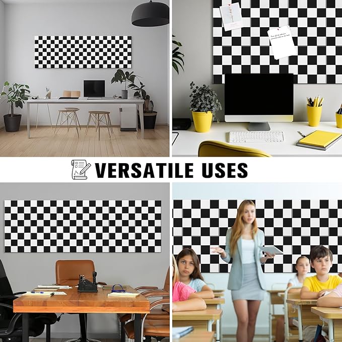 Geyoga 12 Pcs Cork Board for Wall 12 x 12 Inch Retro Black and White Checkered Bulletin Board Acoustic Wall Panels Boho Felt Tiles Cute Self Adhesive Hanging Decor for Office Home Classroom(Classic)