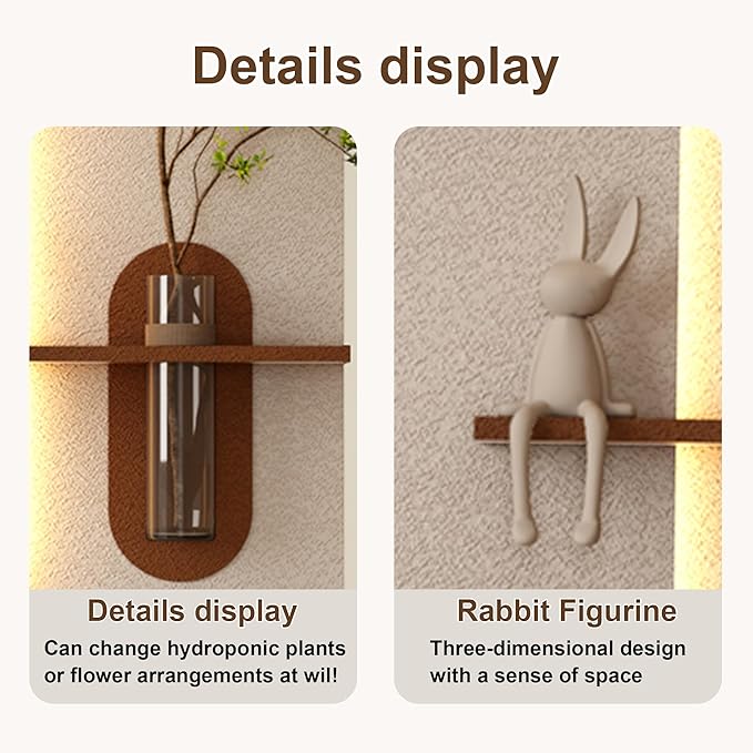 LED Sandstone Wall Decor, 3D Wall Art Sculpture, Simulated Green Plants, Glass Vase & Rabbit Statue, Remote Control 3 Color Light, for Living Room, Bedroom, Hallway(Light Coffee,41.3 * 23.6in)