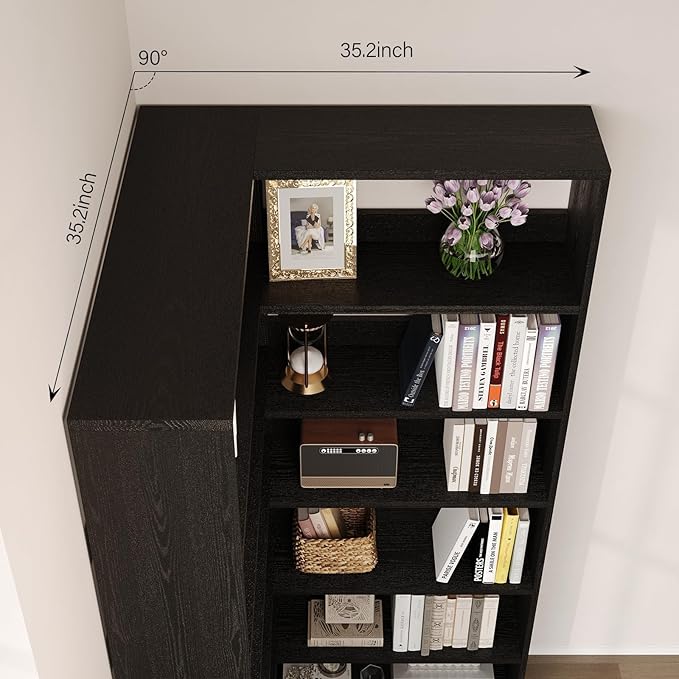 4 EVER WINNER Corner Book Shelf with LED Lights, 71” High Coner Bookshelf with Storage for Living Room, Study Room, Modern Storage Display Industrial L Shaped Bookshelf, Black