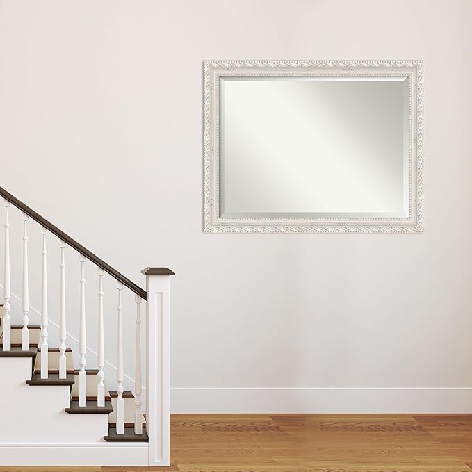 Amanti Art White Wall Mirror 36x46 Opera Off White Rectangle Bathroom Mirror for Wall Decor Living Room, X-Large Traditional Wood Frame, Hangs Horizonally and Vertically, Bathroom Decor, Beveled Edge