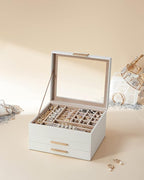 SONGMICS GISELLA Collection - Jewelry Box Organizer, 3-Layer Jewelry Storage with 2 Drawers, Shiny Metal Hardware, Glass Lid, Modern, 8 x 9.1 x 5.3 Inches, Cloud White and Gold Color UJBC239WT