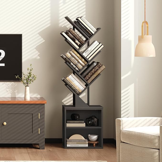 Tree Bookshelf, 6 Tier Bookcase with 2 Storage Racks, Free Standing Wooden Bookcase, Floor Standing Book Shelf Organizer for Living Room, Bedroom, Study, Home Office, Black